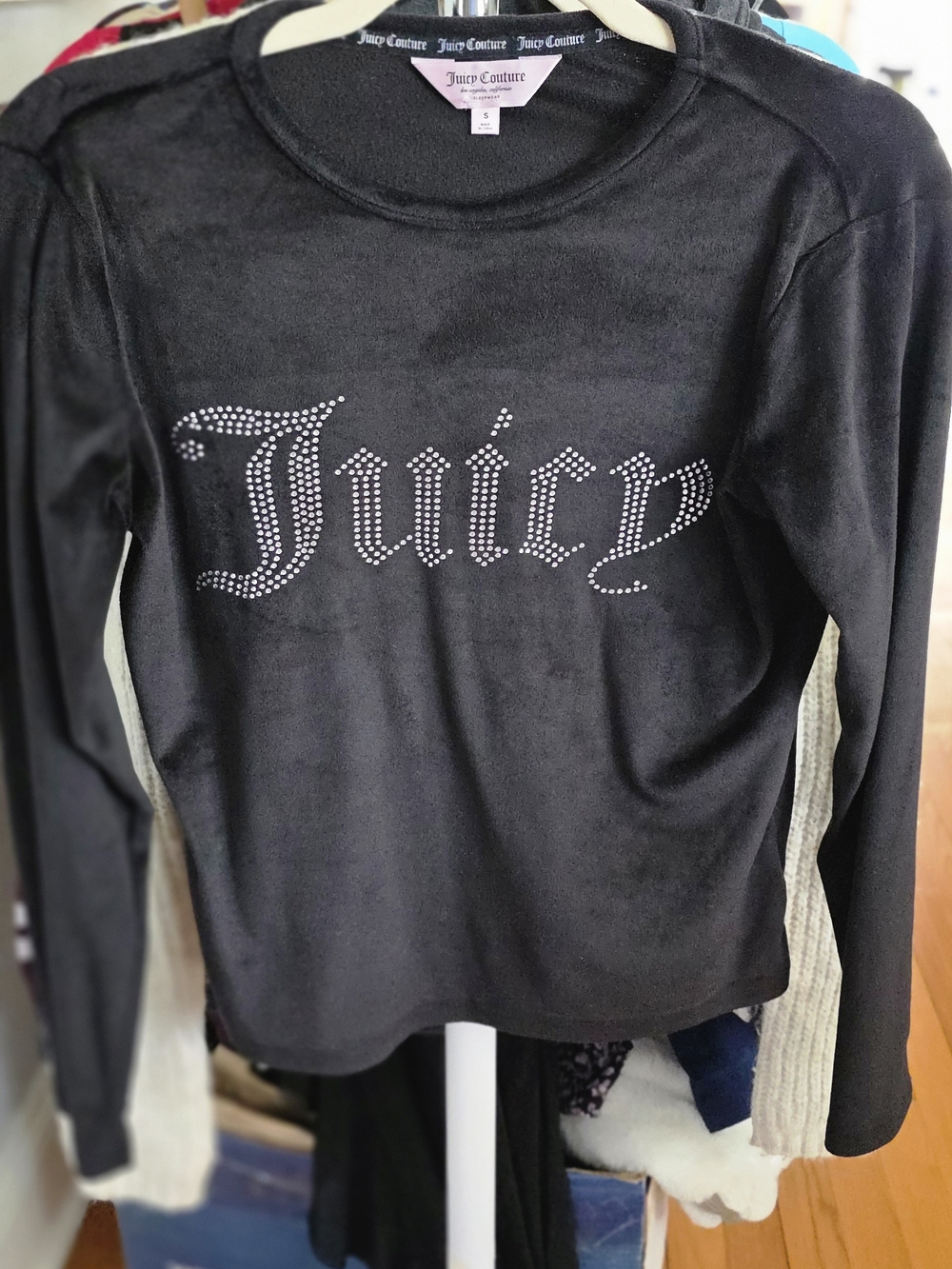 Juicy Couture Black Rhinestone 'Juicy' Velour Long Sleeve Top